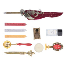 Vintage Style Quill Pen Ink Set with Wax Seal Stamp, 25cm, Wine Red
