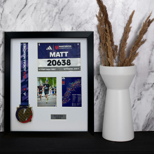 (Silver, White) Manchester Marathon Medal Frame: Bib, Map, Photo DIY Display 1