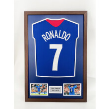 (Mahogany) DIY Football Shirt Frame: Black 30mm Frame, Blue Mount, Plaque & Photo Option