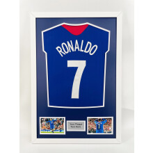 (White) DIY Football Shirt Frame: Black 30mm Frame, Blue Mount, Plaque & Photo Option