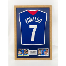 (Oak) DIY Football Shirt Frame: Black 30mm Frame, Blue Mount, Plaque & Photo Option
