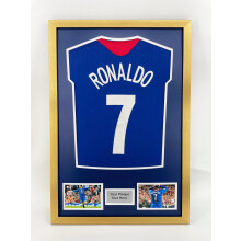 (Gold) DIY Football Shirt Frame: Black 30mm Frame, Blue Mount, Plaque & Photo Option