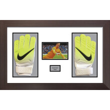 (Mahogany) Goalie Glove Display Frame: 6x4 Photo & Title, 2-Glove Box Frame