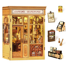 DIY Miniature Dollhouse Kit Cooking Bookstore 3D Book Nook with LED Lights Bookshelf Decor