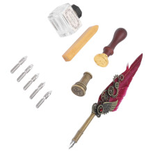 Vintage Feather Pen Ink Set with Brass Base, 5 Nibs, 0.5mm