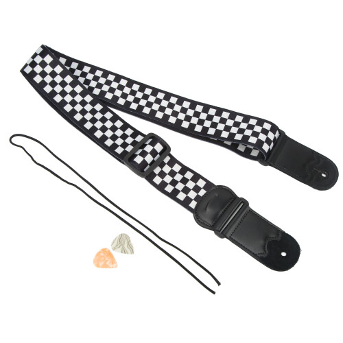 Comfortable Guitar Strap Black & White Plaid with Pouch for Picks Adjustable 1