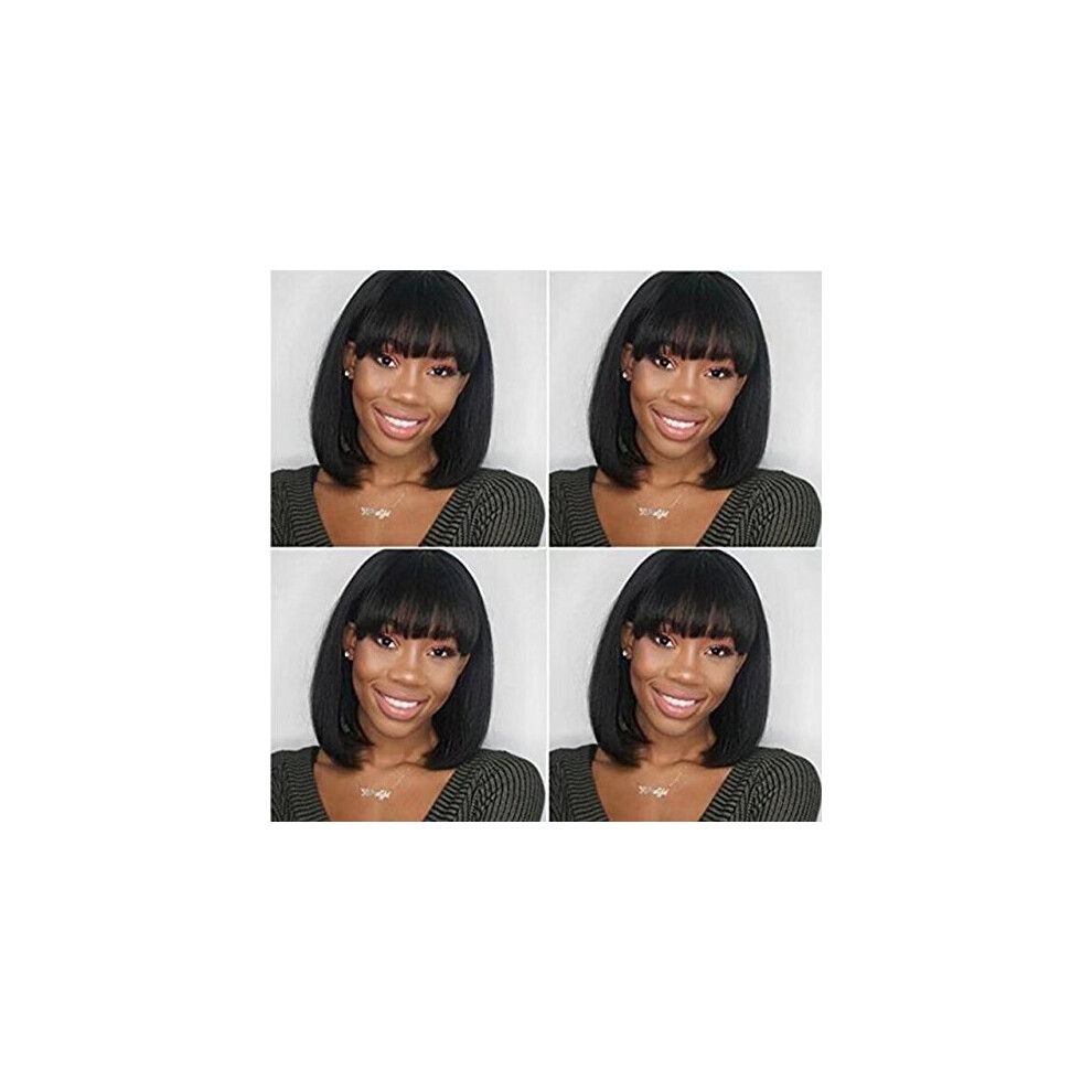 Unisex Peruvian Human Hair Lace Front Wig 12 Inch Yaki Straight Bob With Bangs Glueless Natural Hairline