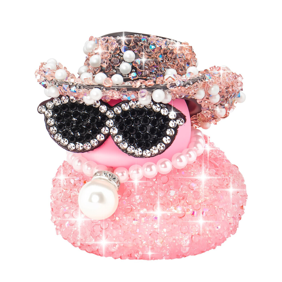 Diamond Style Rubber Duck Car Dashboard Ornament With Cute Squeaky Toy And Cowboy Hat Pink 9092120432589