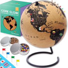 Large Cork Globe 12.6" Tall | World Travel Map with Metallic, Colored & National Flags Push Pins | 3D World Map Pin Board for Home or Office | Unique