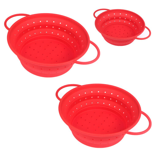 3 Silicones collapsibles Kitchen Strainers With Hanging-Red