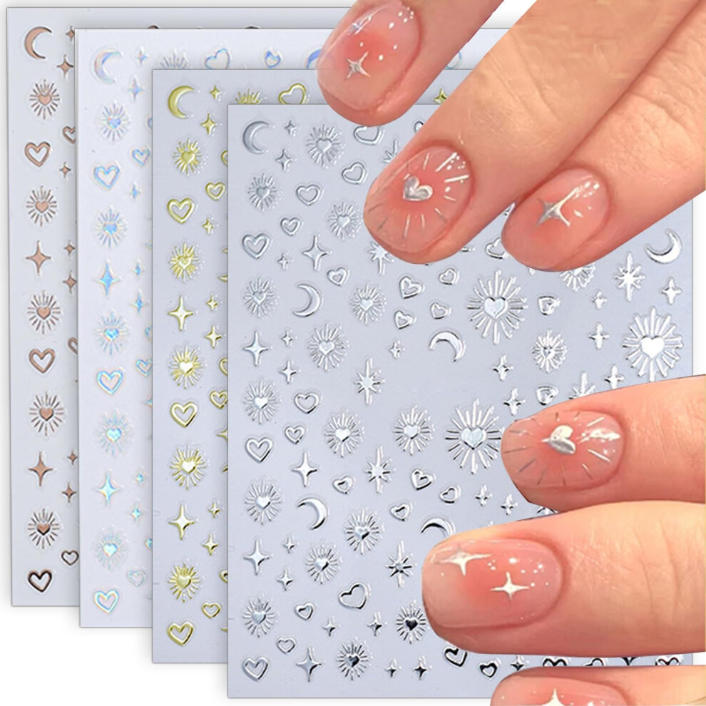 Gold 12Pcs Metallic Moon Star Nail Art Stickers And Rose Sun Heart 3D Nail Decals, Selfadhesive Shiny Design