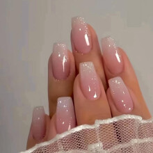 TULOBI Pink Gradient Coffin Press On Nails Set – Medium Glossy French Tip Acrylic False Nails for Women 24PCS