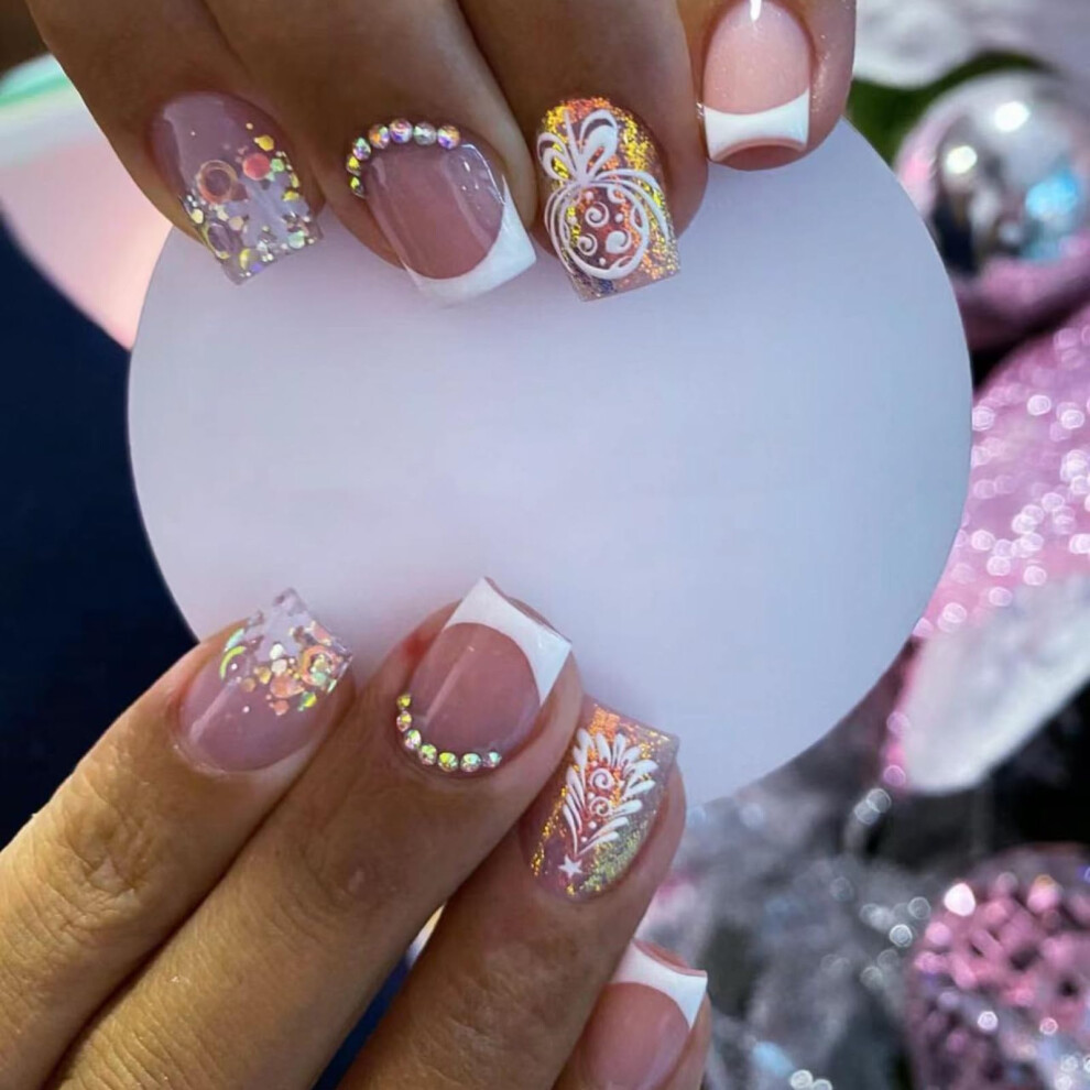 24Pcs Christmas Press On Nails Short Square French Tip Set with Rhinestones Glitter Snowflake Design Reusable Acrylic False Nails for Women