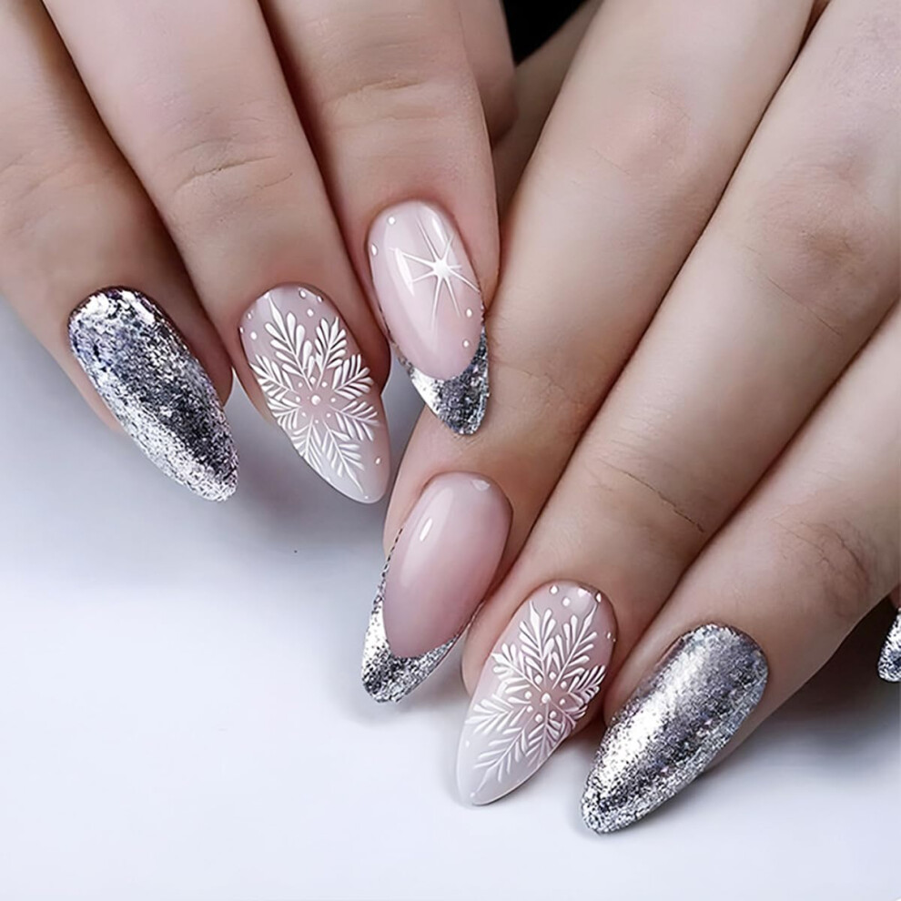 White Christmas Glitter Press On Nails Snowflake Acrylic Fake Nails Medium Length Festive Nail Kit