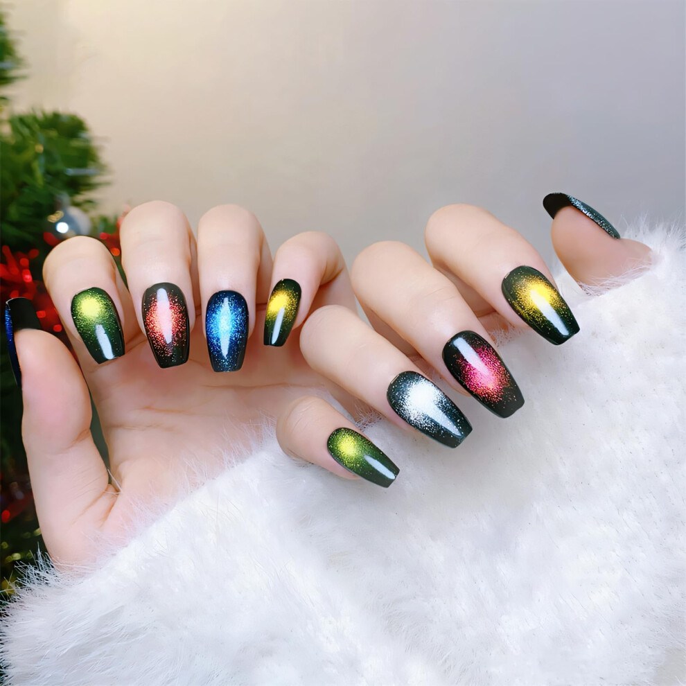 Short Coffin Press On Nails 24pcs Multicolored Glitter Fake Nails with Glossy Finish and Adhesive