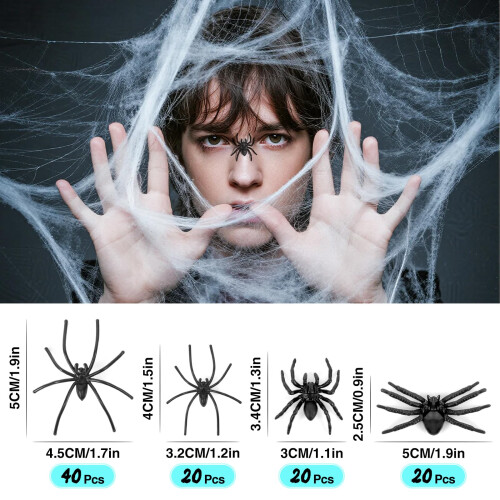 100 Pack Realistic Fake Spiders, MultiSize Black Plastic Halloween Decorations and Prank Props 1