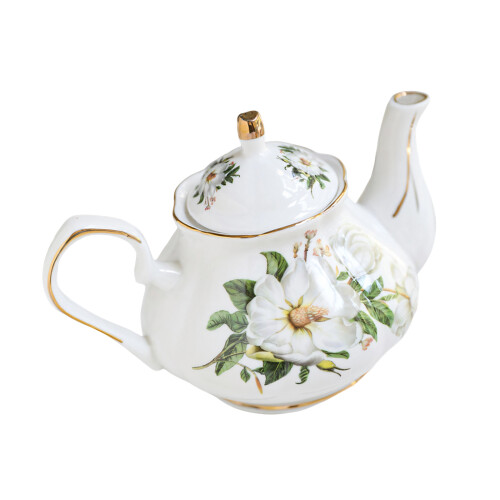 Elegant Floral Embossed Ceramic Teapot-white peony root 1.0L