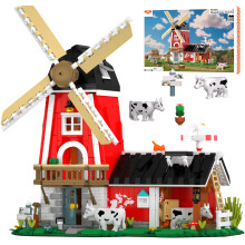 Windmill Building Blocks with Mechanical Action and LED Lights, 1310PCS Farmhouse Model Kit