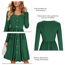 Langes grünes Baumwollkleid mit Knöpfen, Taschen und hohem Taillenbund für Damen S–XL