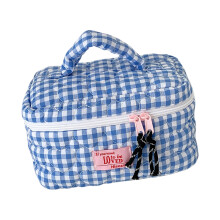 Quilted Heart Cosmetic Bag Plaids Pattern Spacious-Blue