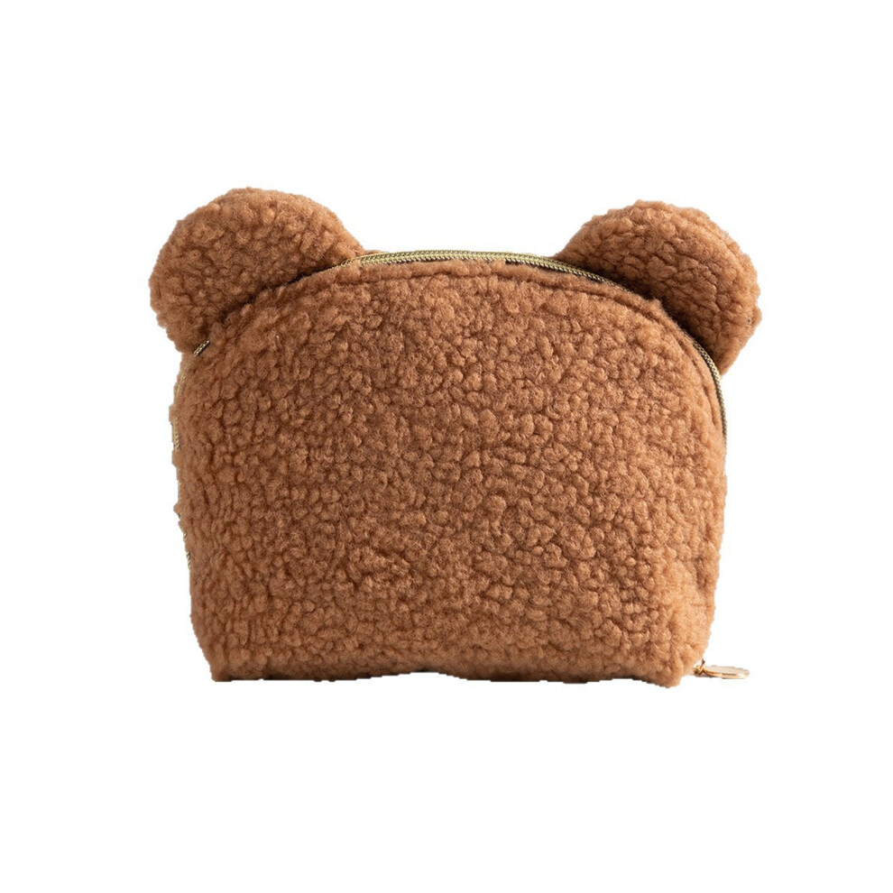 Cartoon Bear Shaped Plush Makeup Bag Large Capacity-khaki