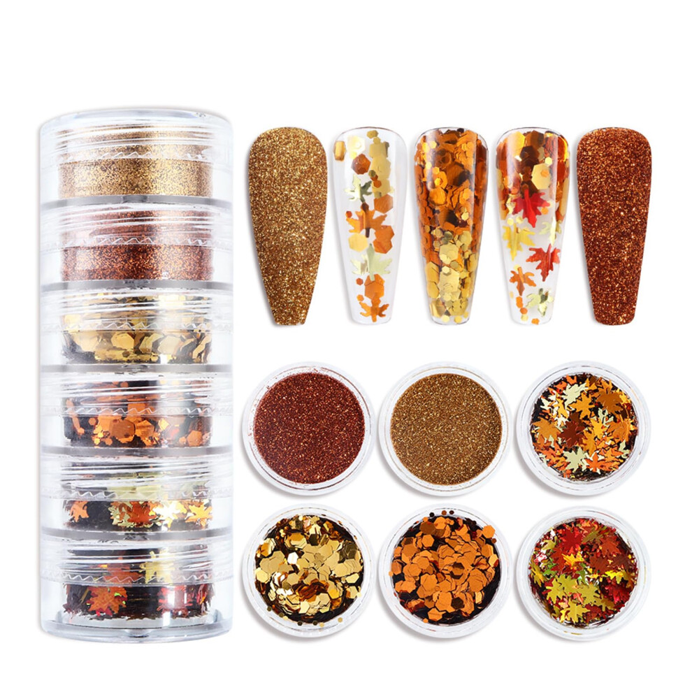 Fall Nail Art Glitter Set with Holographic Maple Leaf Sequins for Autumn and Thanksgiving Manicure