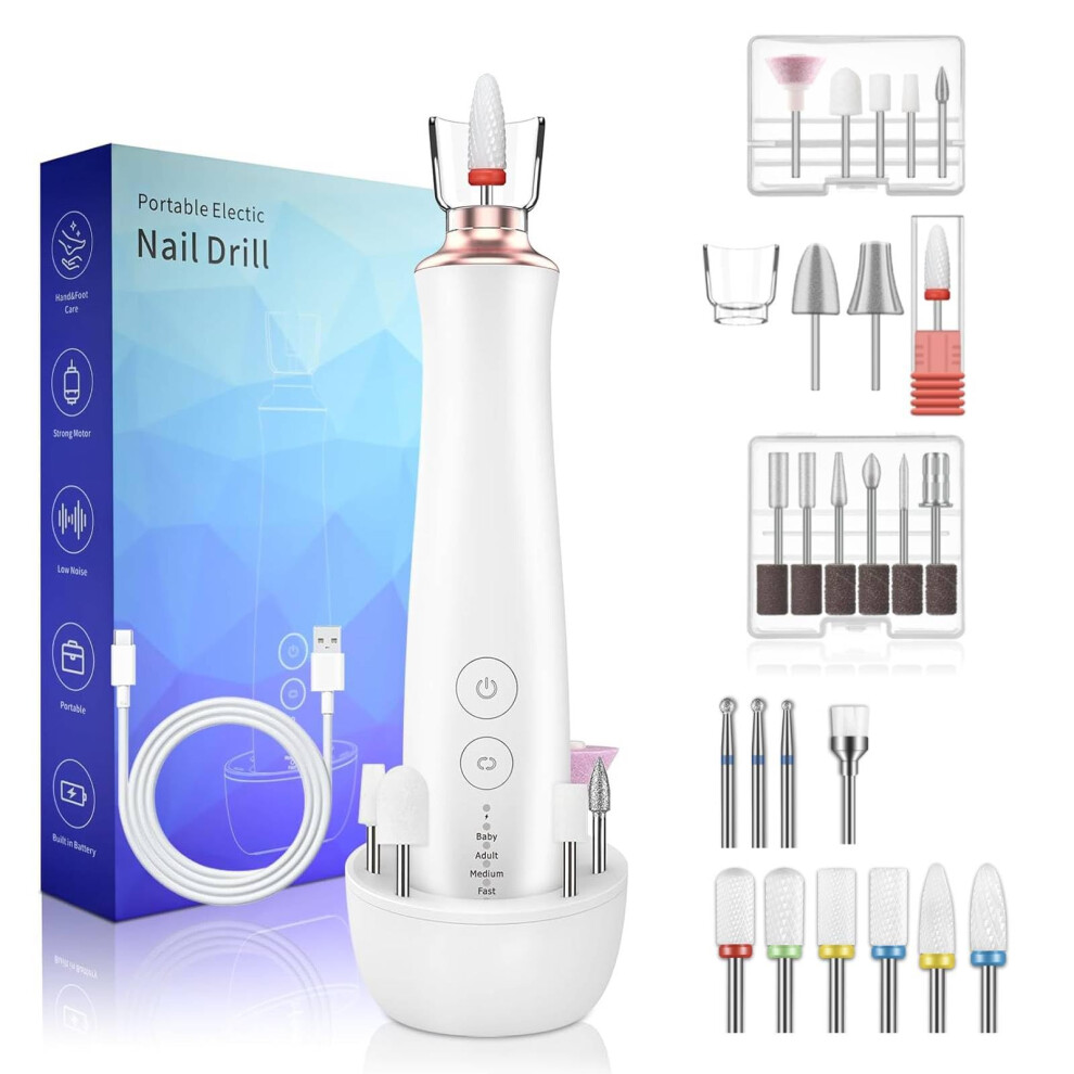 Cordless Electric Nail Drill Set with 24PCS Bits and Sanding Bands for Acrylic and Gel Nails