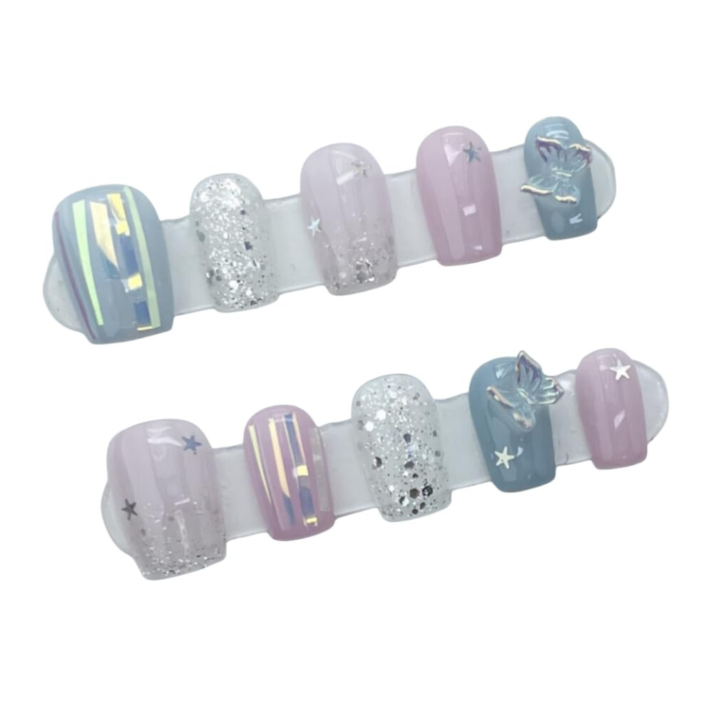 Handmade Press On Nails Set with Butterfly Wings Glitter Coffin Design, Reusable SalonQuality Finish