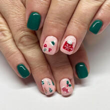 Christmas Press On Nails Pink Green Short Square Acrylic 24pcs Set with Cherry and Santa Designs