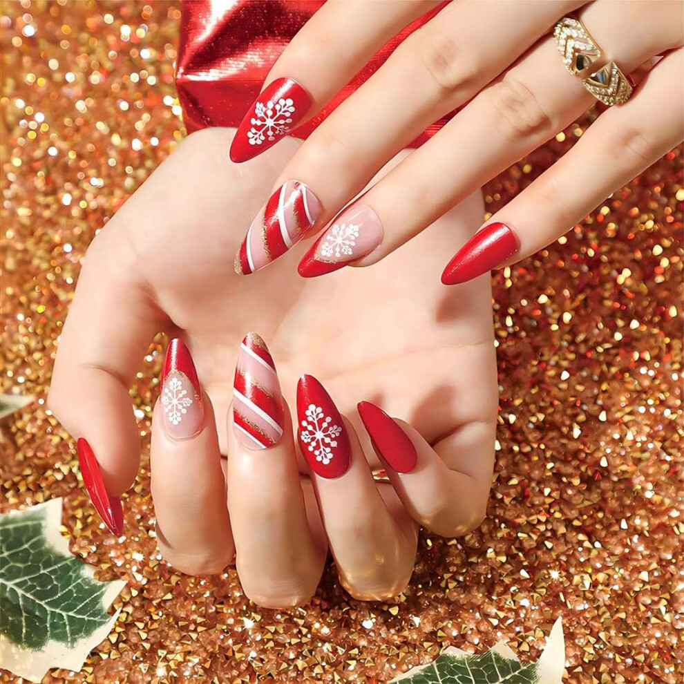 Red Christmas French Tip Press On Nails Almond Fake Nails Set With Glue Glitter Snowflake Design Salonquality 24Pcs