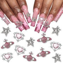 3D Nail Art Charms Pink Heart Crystal Saturn Planet Gems Hollow Star Decorations for Acrylic Nails