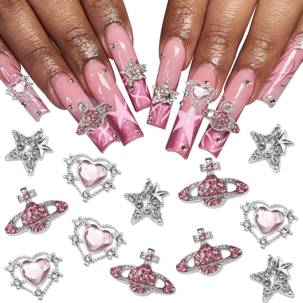 Pink 3D Nail Art Charms Heart Crystal Saturn Planet Gems Hollow Star Decorations For Acrylic Nails
