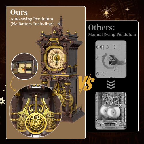 Vintage Clock Building Blocks with Functional Mechanical Movement, Swinging Pendulum, Retro Steampunk Design 1
