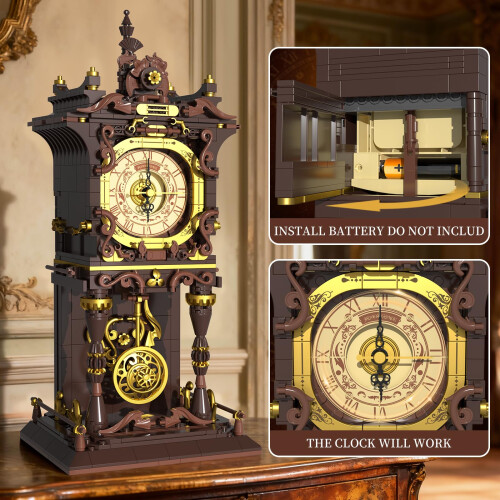 Vintage Clock Building Blocks with Functional Mechanical Movement, Swinging Pendulum, Retro Steampunk Design 2