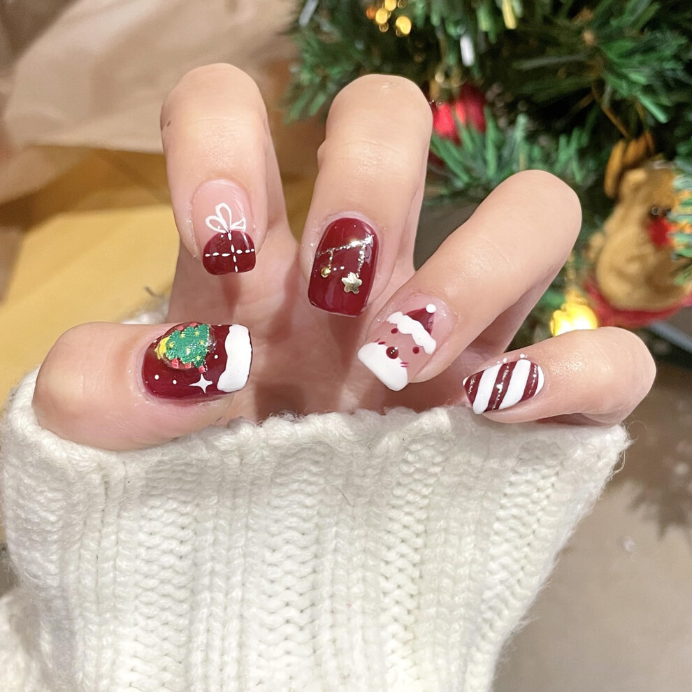 Red Christmas Press On Nails Set Short Square With Glitter Snowflake Santa Acrylic False Nails