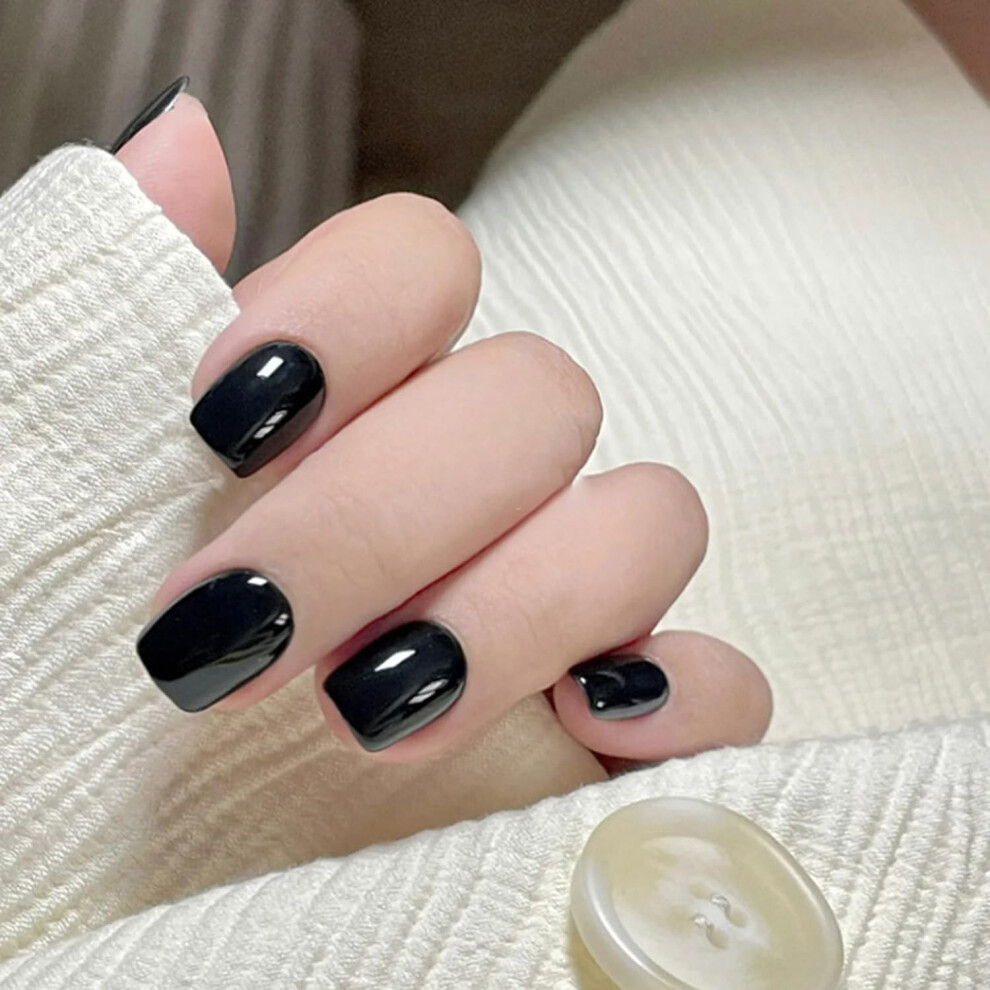 Black Press On Nails Short Square Natural Look Acrylic False Nail Kit With Glue And Adhesive Tabs