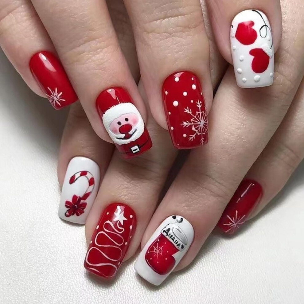 Red Christmas Press On Nails 24Pcs Glossy Holiday Fake Nails Short Square With Santa Claus And Snowflake Design