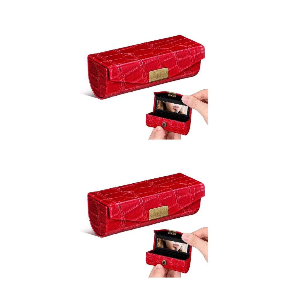 Ohphcall Red 2Pcs Pu Lipstick Holder Compact Lip Balm Case With Mirror