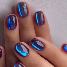 24 Pcs Short Blue Press on Nails Set Square Shape Fake Nails for Women with Glue and Full Tool Kit