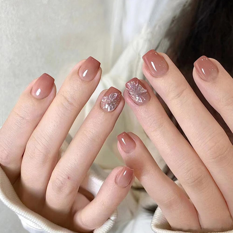 Brown Gradient Press On Nails Square Acrylic Fake Nails Butterfly Design Salonquality Reusable Set