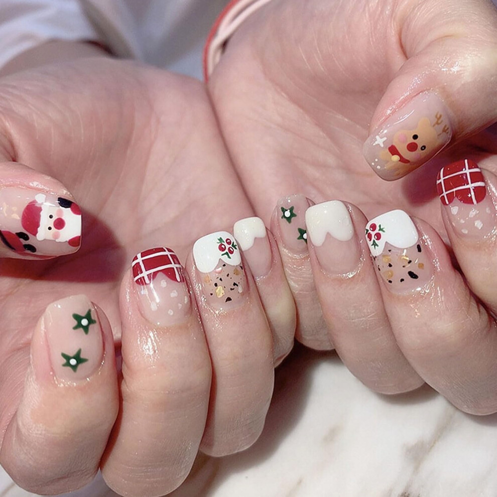 White,Red Christmas Press On Nails With Santa Claus Red White Short Square Reusable Holiday False Nails