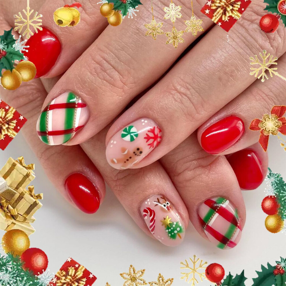 Christmas Press on Nails Short Almond Fake Nails with Glue, Gingerbread Man Snowflake Holiday Design, 24 Pcs