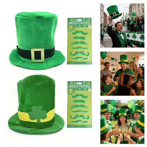 Patricks Day Party Hat with 6 Mustaches Beards for Men-Black 2