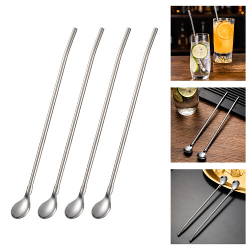 Stainless Steel Long Handle Straw Spoon 4 Piece Multifunctional 1