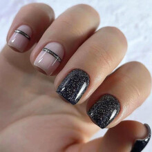 Press On Nails Short Square Black and Nude with Silver Glitter 24pcs Full Cover Acrylic Fake Nails