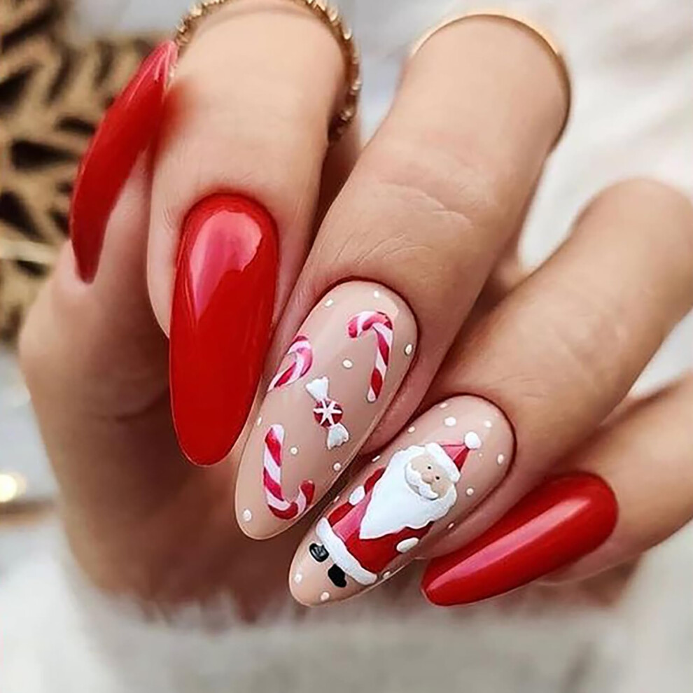 Red Christmas Press On Nails Set 24Pcs Almond Long Fake Nails With Glue Reusable Cartoon Candy Cane Design
