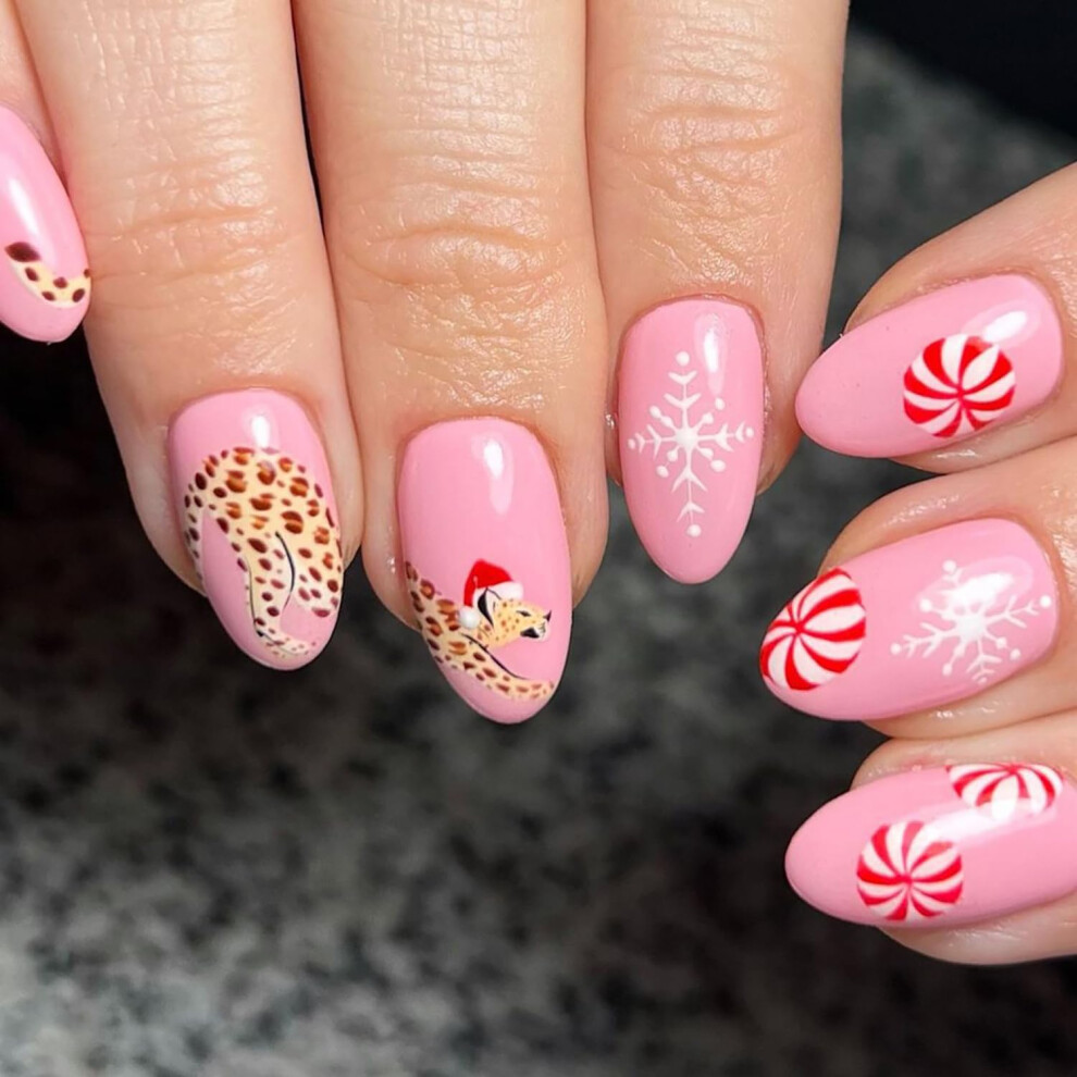 Pink,Cream Christmas Almond Press On Nails Nude Pink Snowflake Short Acrylic Fake Nails With Festive Holiday Designs 24Pcs