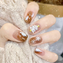 Christmas Short Square Press on Nails Acrylic Fake Nails French Tip with Rhinestones 24 Pcs