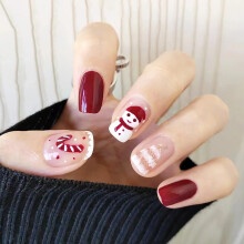 24pcs Christmas Press On Nails Set Snowman and Candy Design, Gold Glitter Medium Square Fake Nails for Women, Easy Glue On Holiday Manicure