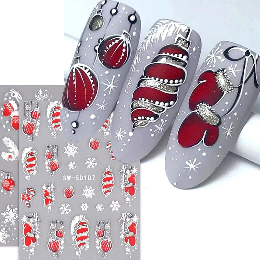 Red Christmas Nail Art Stickers 5D Embossed Self Adhesive Snowflake And Bell Decals For Acrylic Nails